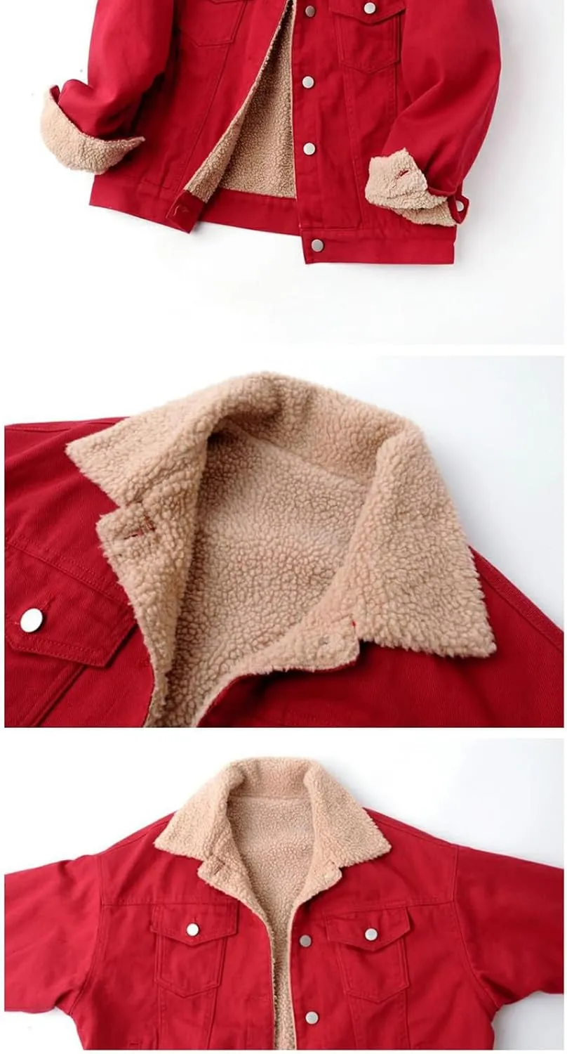 Womens Sherpa Lined Denim Jackets Long Sleeve Button Down Jean Coat Winter Warm Loose Fit Solid Color Furry Jackets