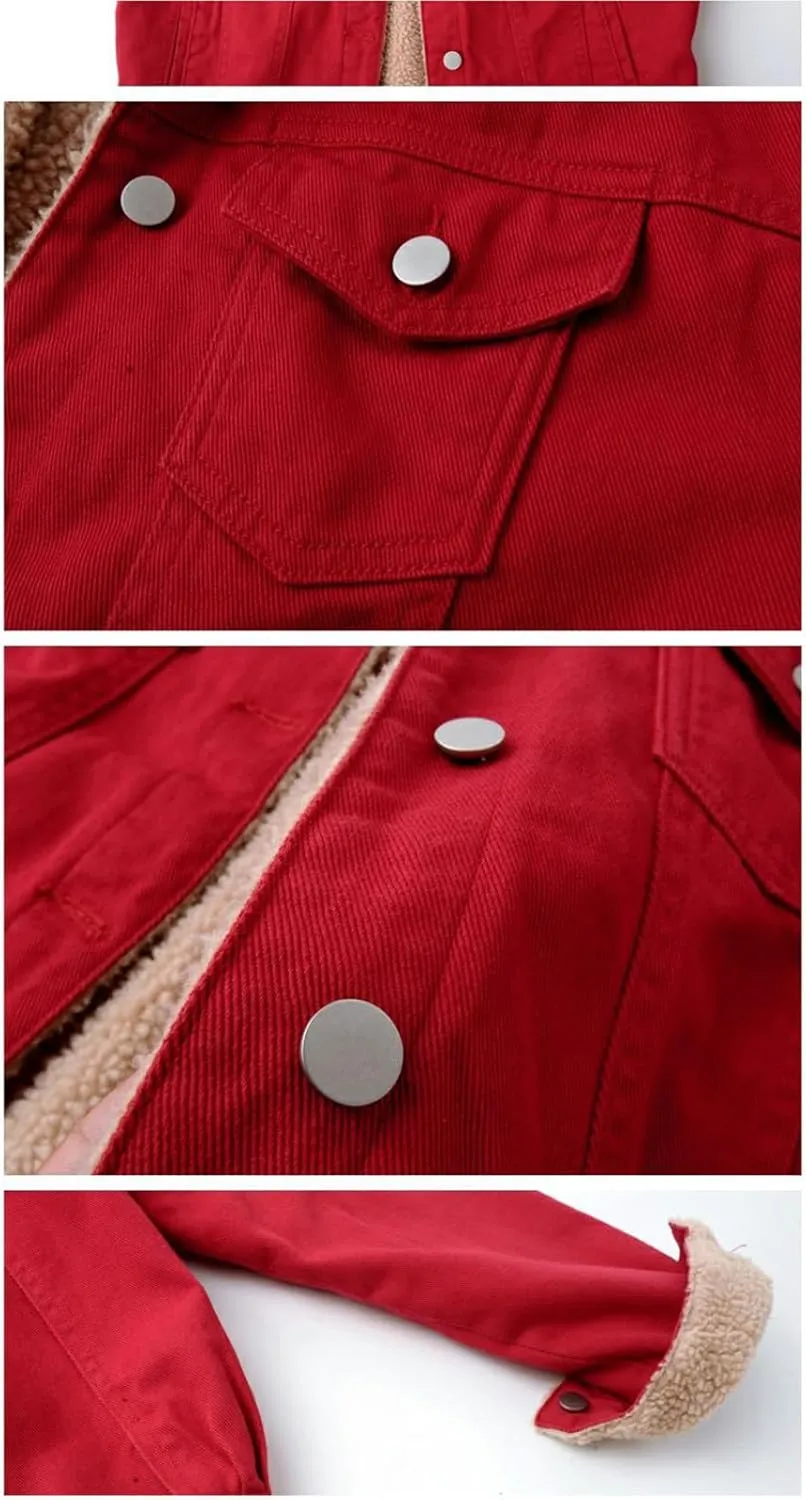 Womens Sherpa Lined Denim Jackets Long Sleeve Button Down Jean Coat Winter Warm Loose Fit Solid Color Furry Jackets