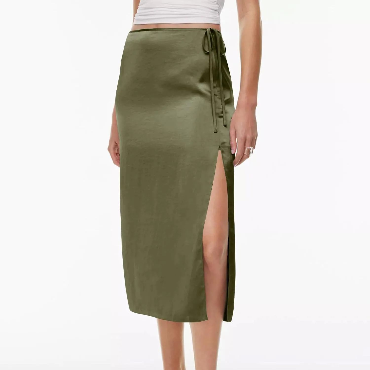 Womens Shift Skirt Casual Elegant Side Split Drawstring High Waisted Wrap Midi Skirt Office Business Work Skirt