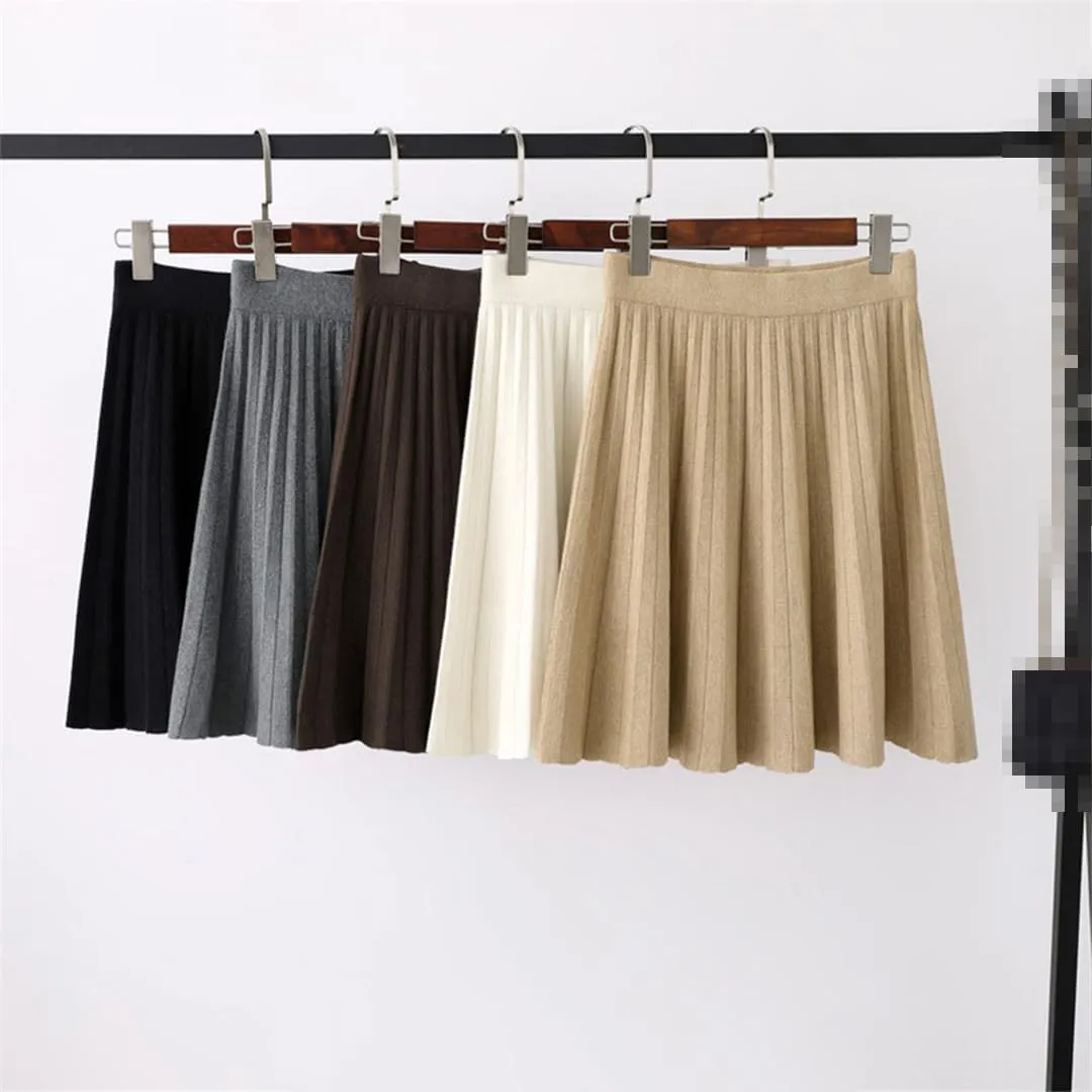 Women's Solid Knitted Short Skirt High Waist Midi Pleated Skirts Steampunk Mini Skirt