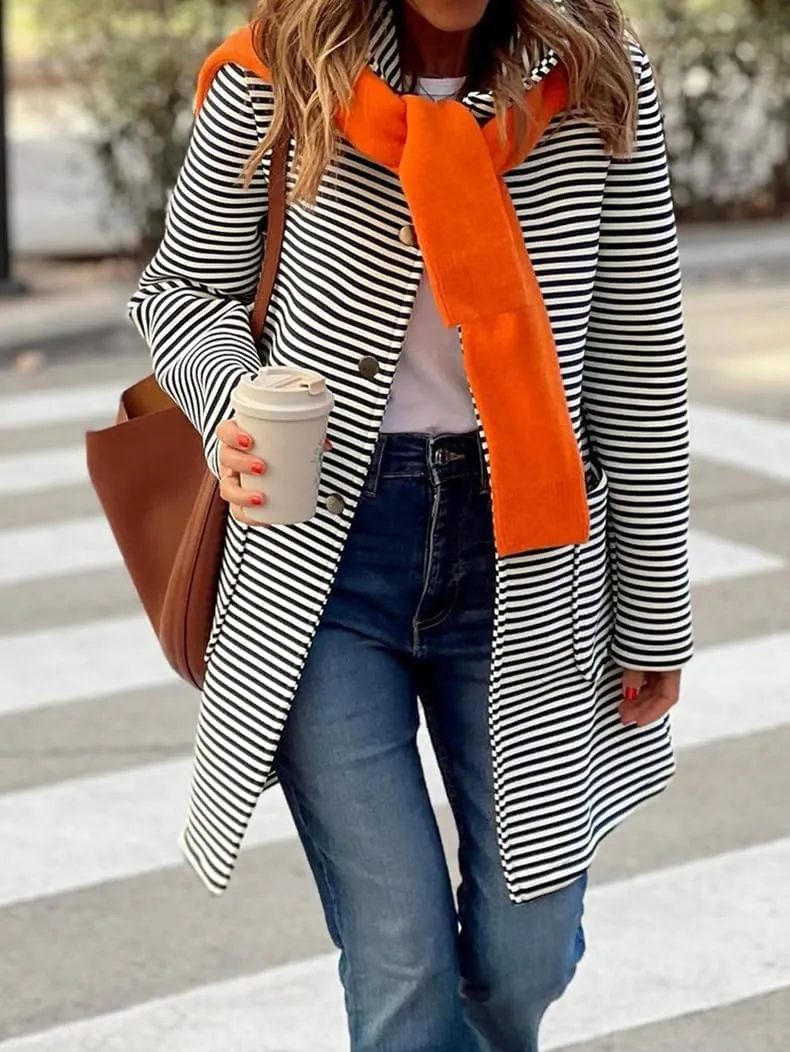 Womens Striped Cardigan Jacket with Hood Button Down Long Jackets Fashion Wool Blend Coat
