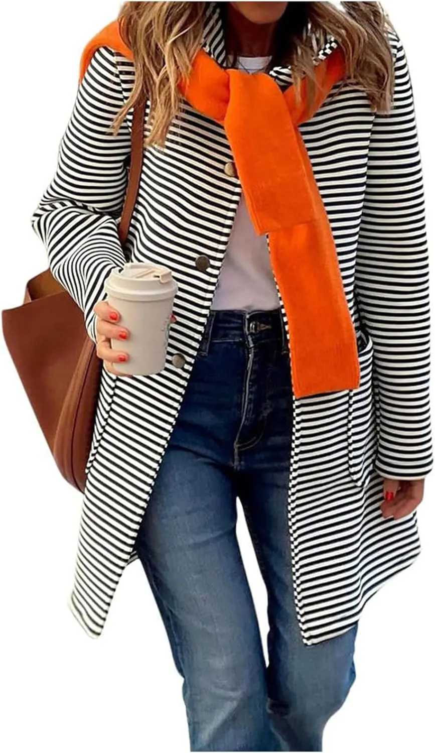 Womens Striped Cardigan Jacket with Hood Button Down Long Jackets Fashion Wool Blend Coat