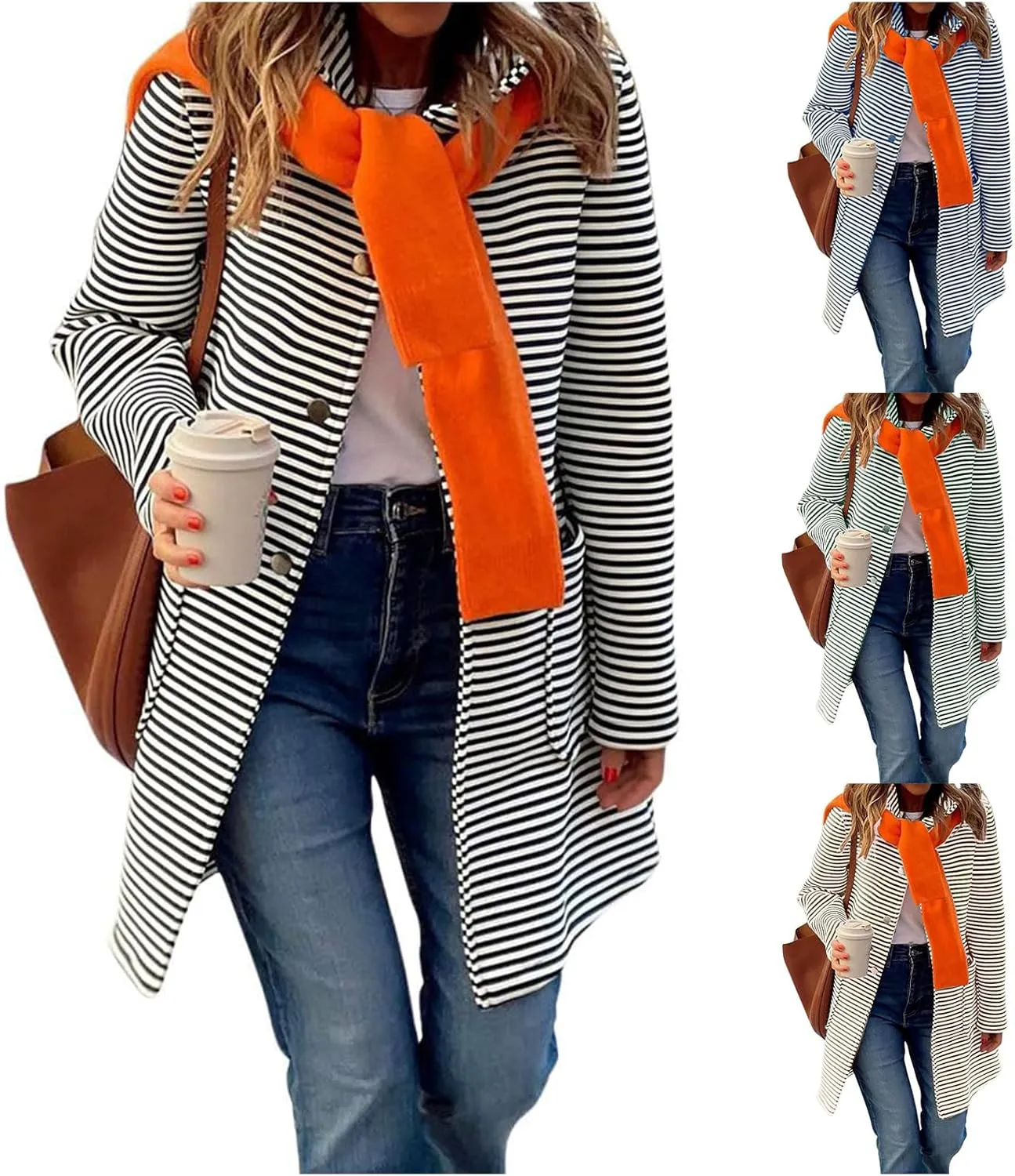 Womens Striped Cardigan Jacket with Hood Button Down Long Jackets Fashion Wool Blend Coat
