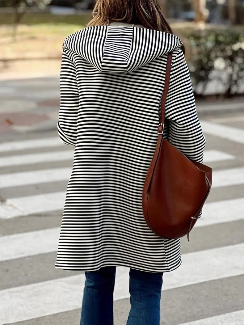 Womens Striped Cardigan Jacket with Hood Button Down Long Jackets Fashion Wool Blend Coat