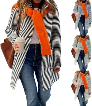 Womens Striped Cardigan Jacket with Hood Button Down Long Jackets Fashion Wool Blend Coat