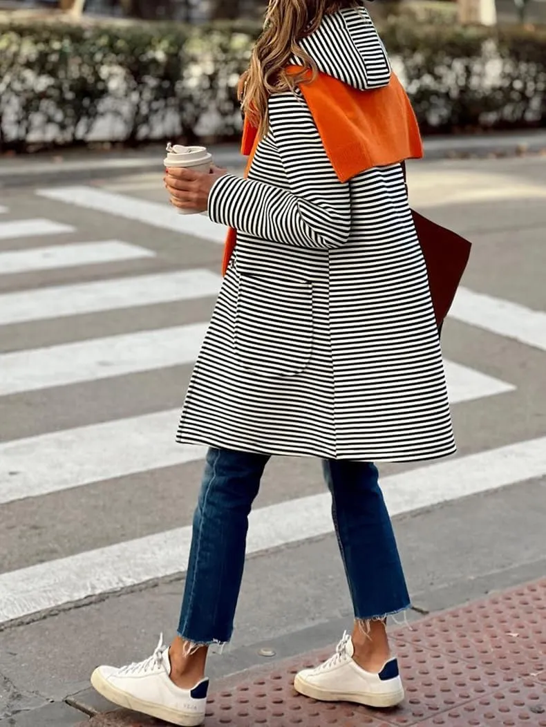 Womens Striped Cardigan Jacket with Hood Button Down Long Jackets Fashion Wool Blend Coat