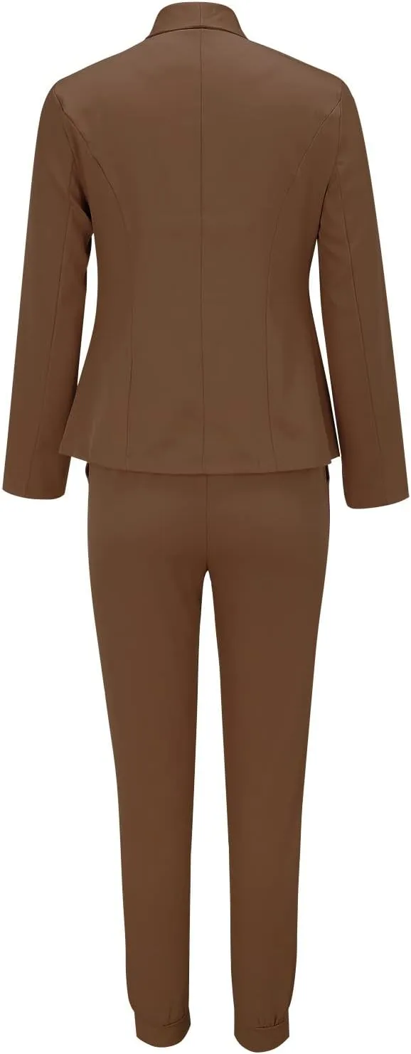 Women's Suit Coat and Pant Set Ladies Fashion Business Casual Loose Solid Long Blazer Coat & 3/4 Leg Pants 2PC Suit
