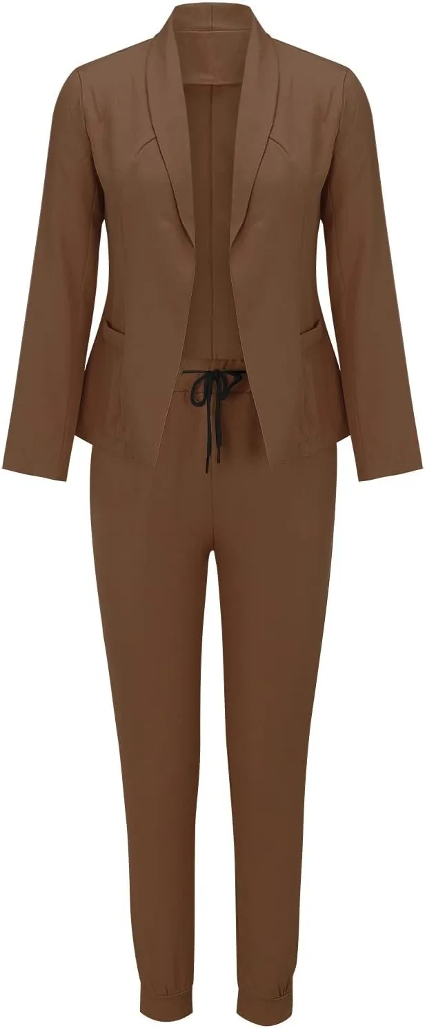Women's Suit Coat and Pant Set Ladies Fashion Business Casual Loose Solid Long Blazer Coat & 3/4 Leg Pants 2PC Suit
