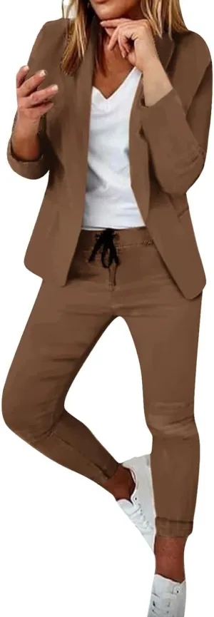 Women's Suit Coat and Pant Set Ladies Fashion Business Casual Loose Solid Long Blazer Coat & 3/4 Leg Pants 2PC Suit
