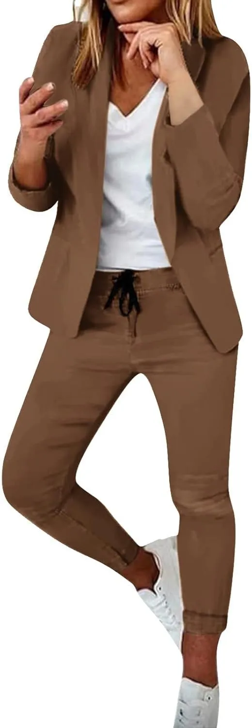 Women's Suit Coat and Pant Set Ladies Fashion Business Casual Loose Solid Long Blazer Coat & 3/4 Leg Pants 2PC Suit
