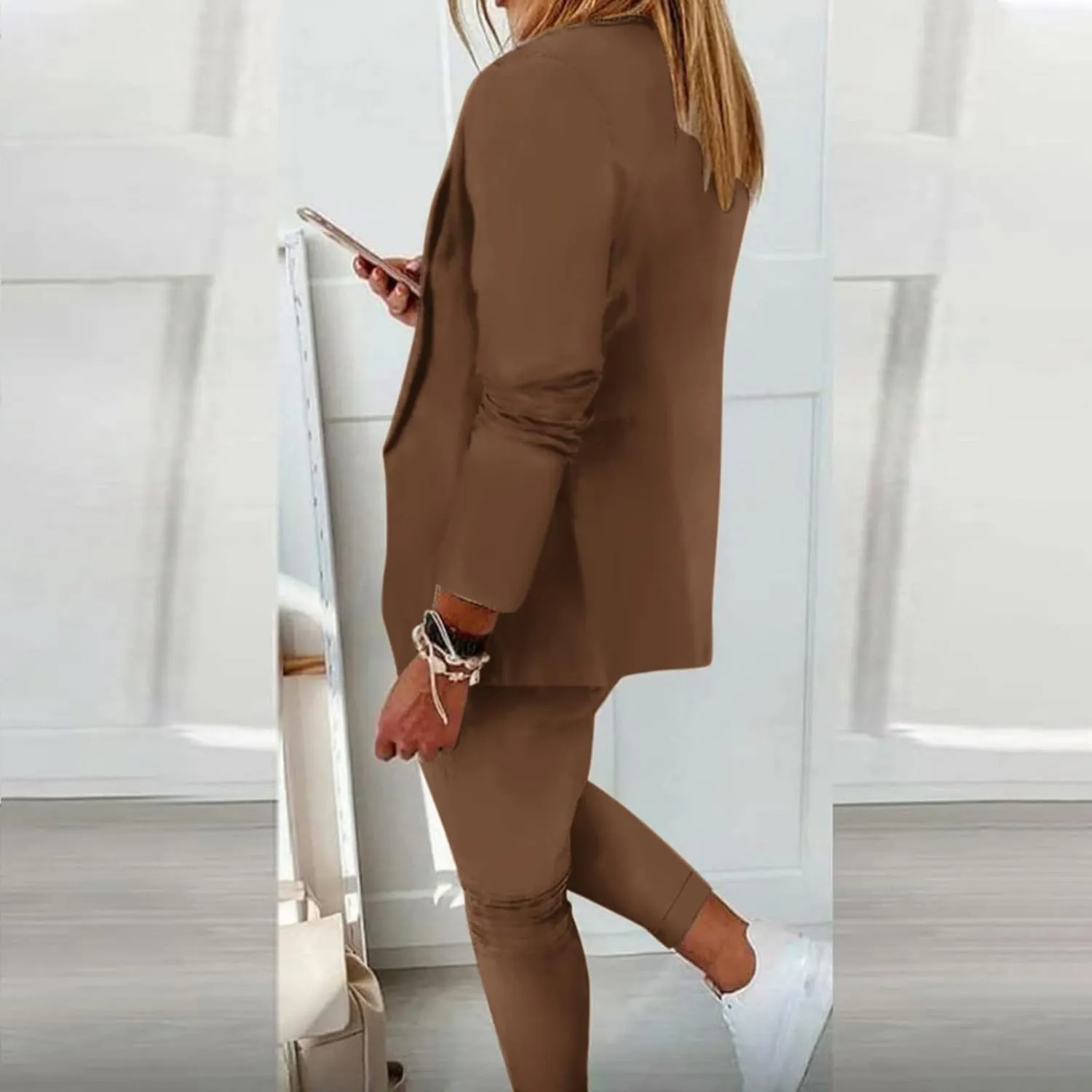 Women's Suit Coat and Pant Set Ladies Fashion Business Casual Loose Solid Long Blazer Coat & 3/4 Leg Pants 2PC Suit