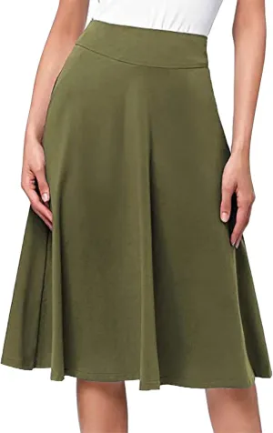 Womens Summer High Waist Midi Skirt Elegant Solid Color A Line Skirt Loose Office Business Flared Skirt