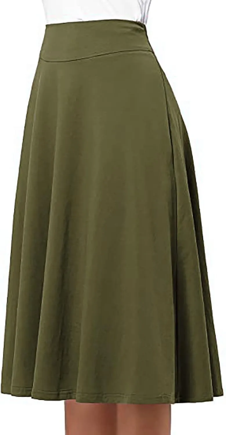 Womens Summer High Waist Midi Skirt Elegant Solid Color A Line Skirt Loose Office Business Flared Skirt