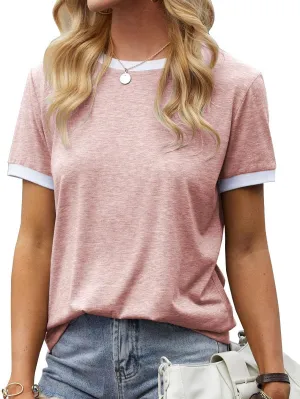 Womens T Shirt Short Sleeve Crew Neck Basic Color Block Tee Tops