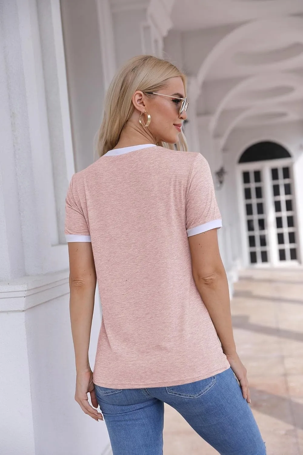 Womens T Shirt Short Sleeve Crew Neck Basic Color Block Tee Tops