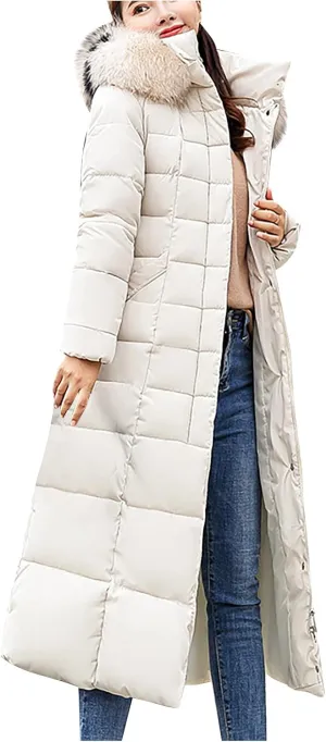 Womens Thick Warm Winter Coats Trendy Furry Hooded Puffer Jacket Plain Padded Cotton Down Jackets Long Outwear