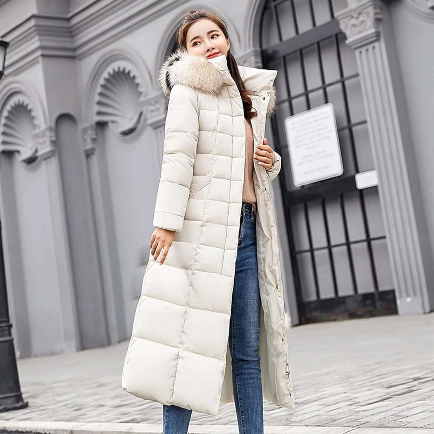 Womens Thick Warm Winter Coats Trendy Furry Hooded Puffer Jacket Plain Padded Cotton Down Jackets Long Outwear