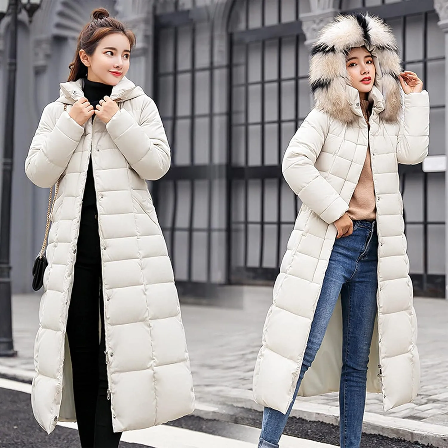 Womens Thick Warm Winter Coats Trendy Furry Hooded Puffer Jacket Plain Padded Cotton Down Jackets Long Outwear