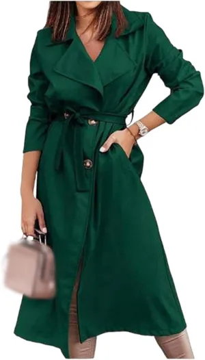 Women's Trench Coat Long Double Breasted Spring Fall Fashion 2024 Classic Lapel Overcoat Outwear with Belt and Pockets