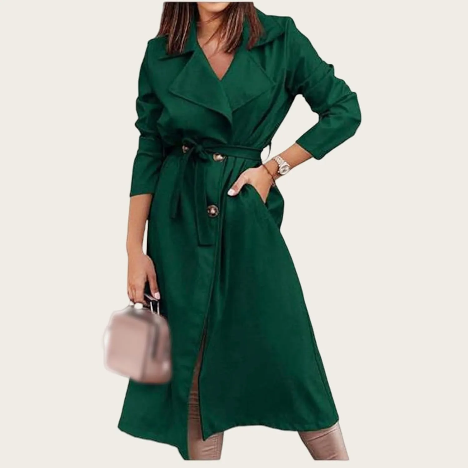 Women's Trench Coat Long Double Breasted Spring Fall Fashion 2024 Classic Lapel Overcoat Outwear with Belt and Pockets