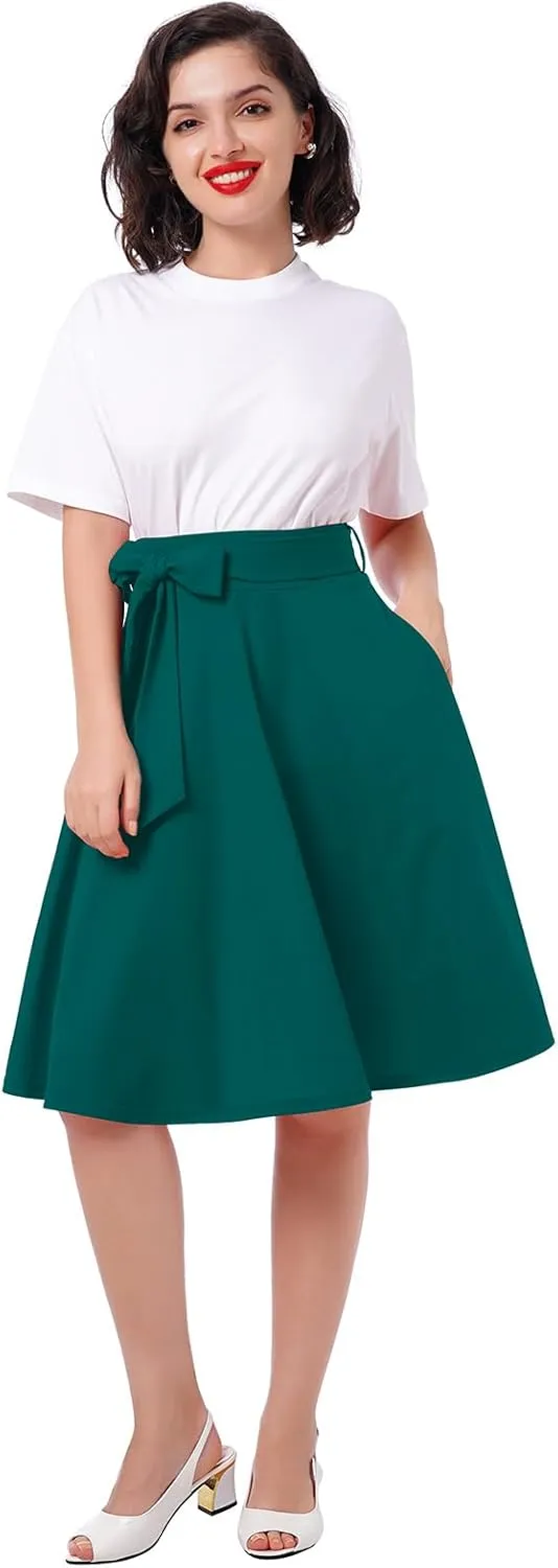 Women's Vintage Flared Skirt 1950s Belted Midi Skirt Solid A-Line Knee Length Skirts with Pockets