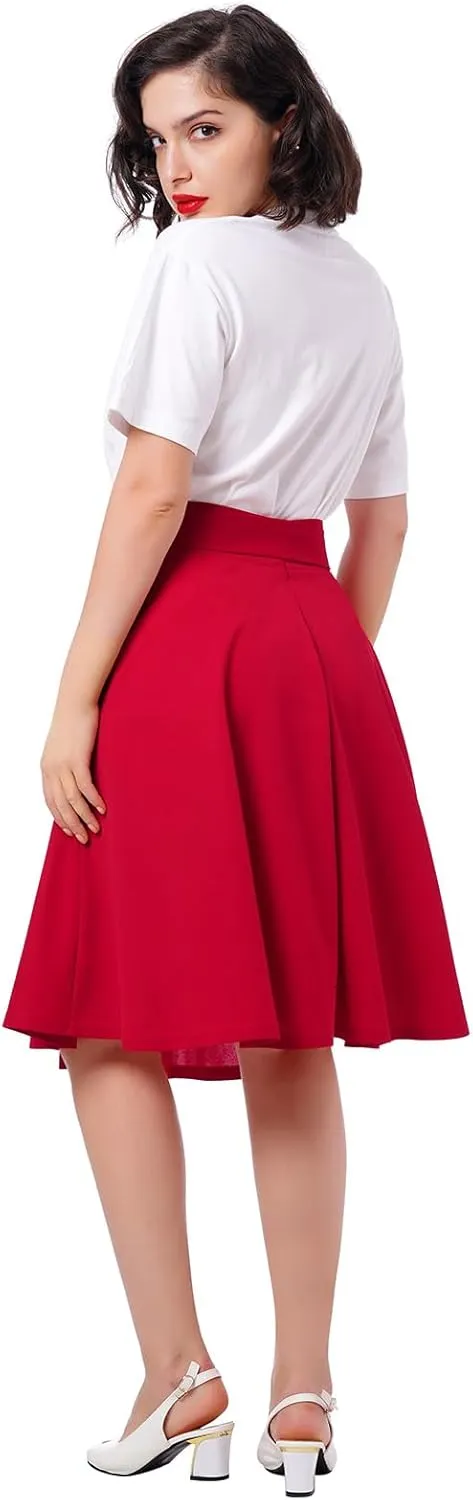 Women's Vintage Flared Skirt 1950s Belted Midi Skirt Solid A-Line Knee Length Skirts with Pockets