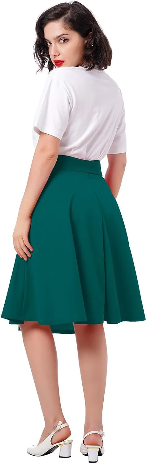 Women's Vintage Flared Skirt 1950s Belted Midi Skirt Solid A-Line Knee Length Skirts with Pockets