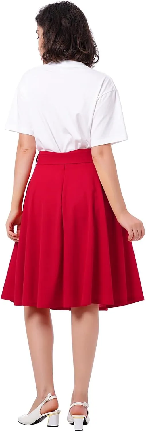Women's Vintage Flared Skirt 1950s Belted Midi Skirt Solid A-Line Knee Length Skirts with Pockets