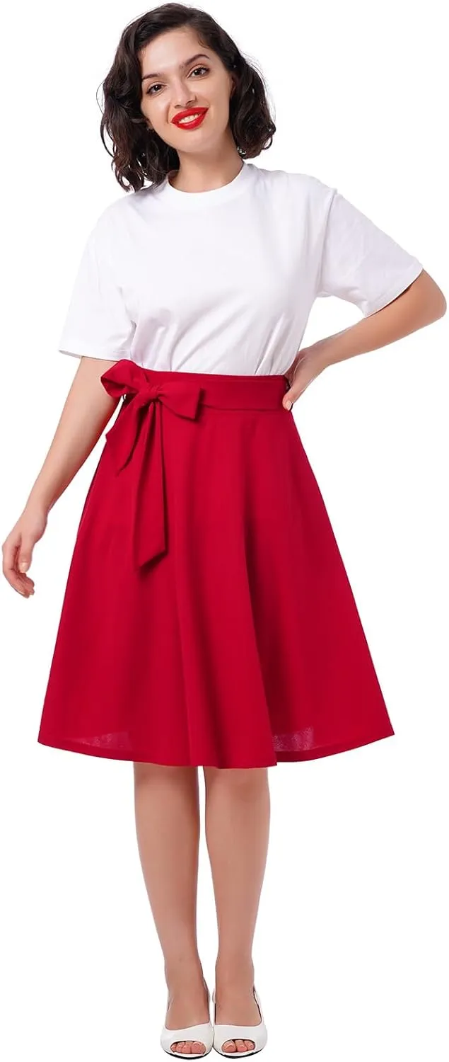 Women's Vintage Flared Skirt 1950s Belted Midi Skirt Solid A-Line Knee Length Skirts with Pockets