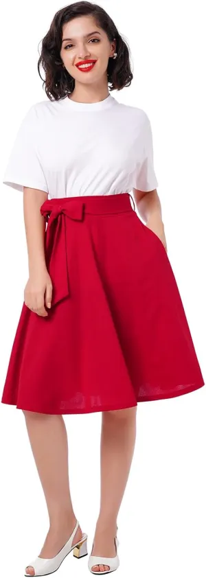 Women's Vintage Flared Skirt 1950s Belted Midi Skirt Solid A-Line Knee Length Skirts with Pockets