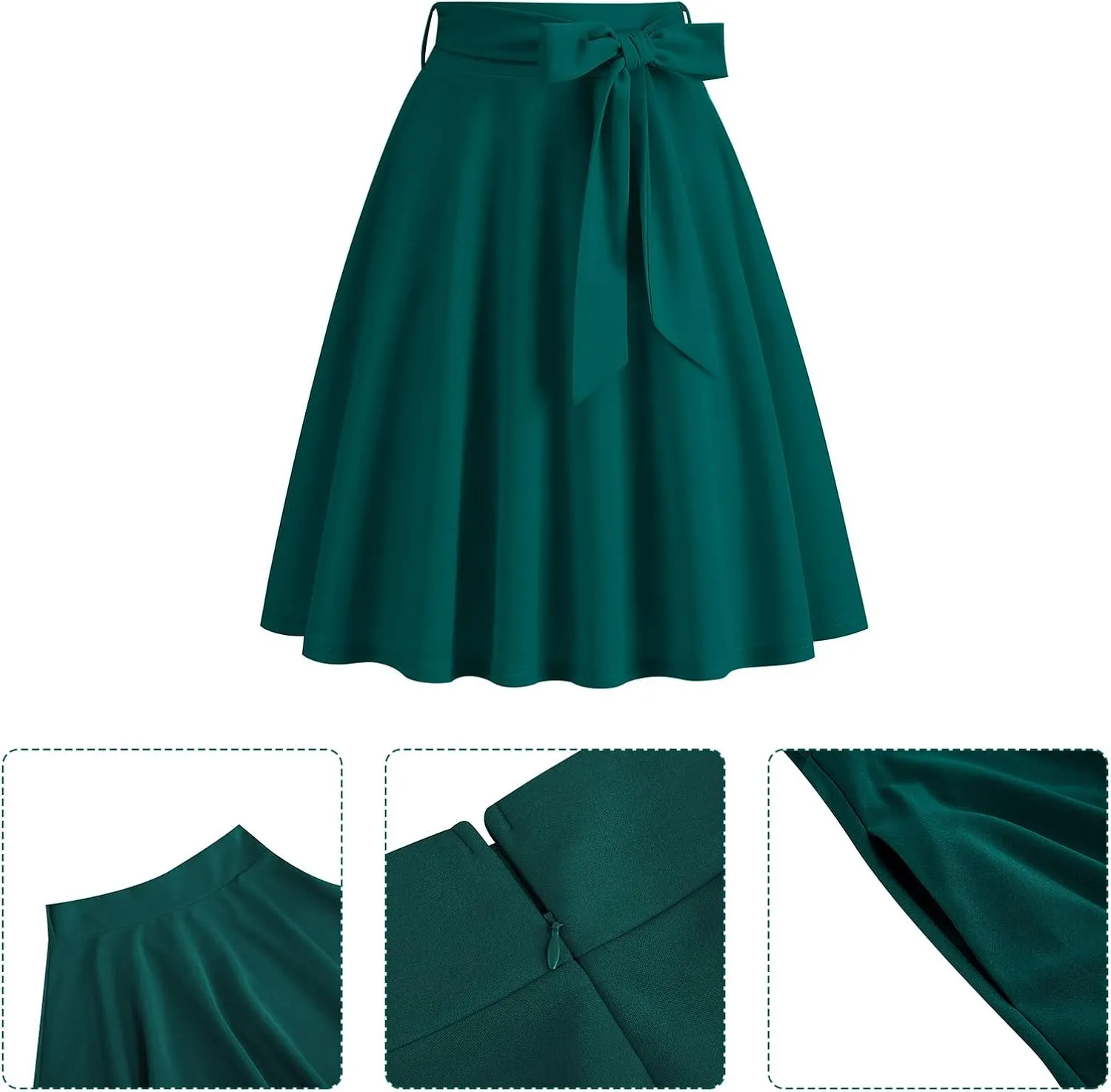 Women's Vintage Flared Skirt 1950s Belted Midi Skirt Solid A-Line Knee Length Skirts with Pockets