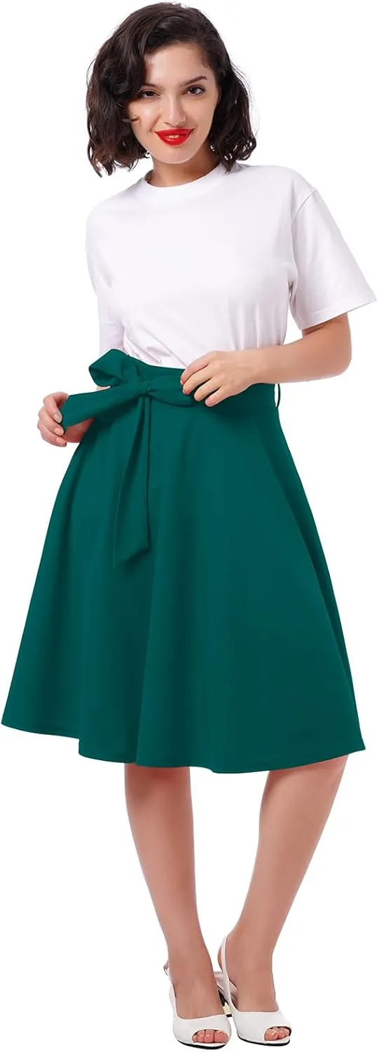 Women's Vintage Flared Skirt 1950s Belted Midi Skirt Solid A-Line Knee Length Skirts with Pockets