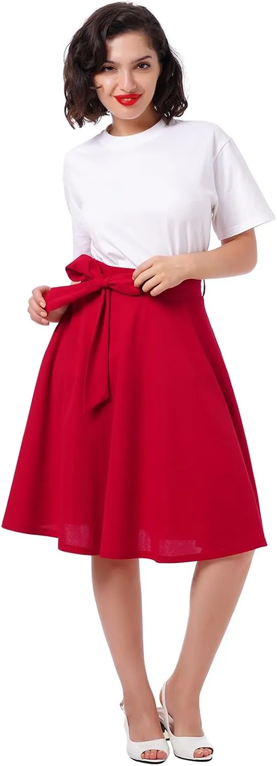 Women's Vintage Flared Skirt 1950s Belted Midi Skirt Solid A-Line Knee Length Skirts with Pockets