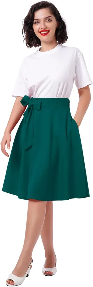 Women's Vintage Flared Skirt 1950s Belted Midi Skirt Solid A-Line Knee Length Skirts with Pockets