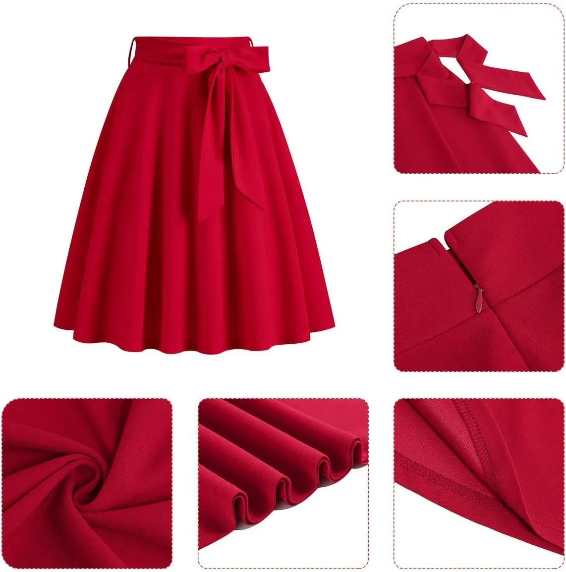 Women's Vintage Flared Skirt 1950s Belted Midi Skirt Solid A-Line Knee Length Skirts with Pockets