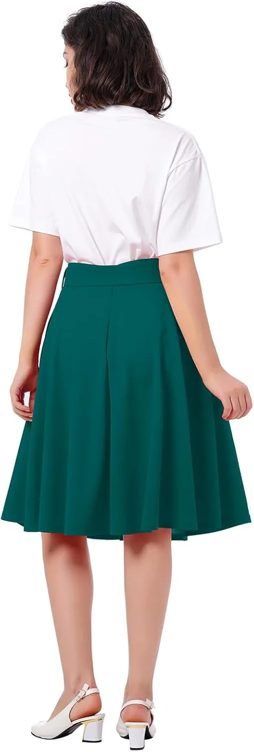 Women's Vintage Flared Skirt 1950s Belted Midi Skirt Solid A-Line Knee Length Skirts with Pockets