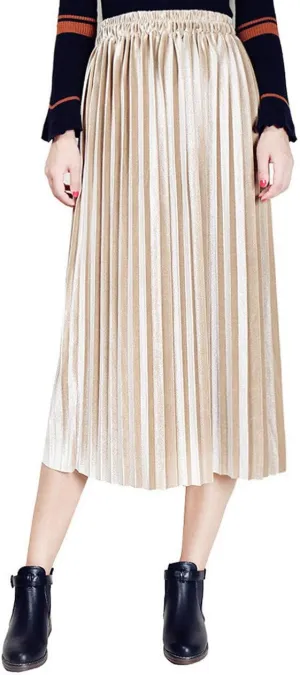 Women's Vintage Velvet Elastic Waist Accordion Pleated Metallic Midi Party Skirt
