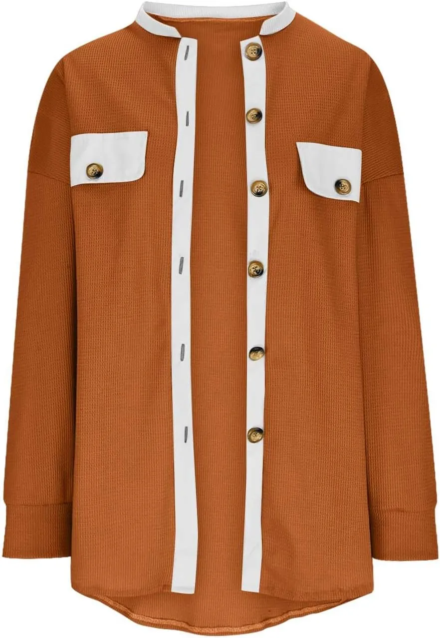 Womens Waffle Knit Button Down Shirts Casual Long Sleeve Shacket Jacket Fall Fashion 2023 Outerwear Jackets Coats