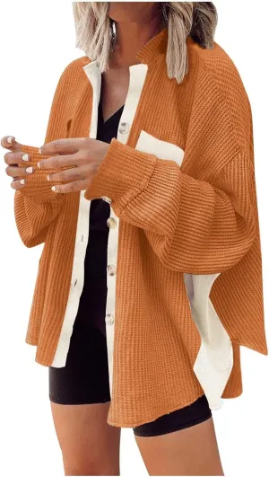 Womens Waffle Knit Button Down Shirts Casual Long Sleeve Shacket Jacket Fall Fashion 2023 Outerwear Jackets Coats