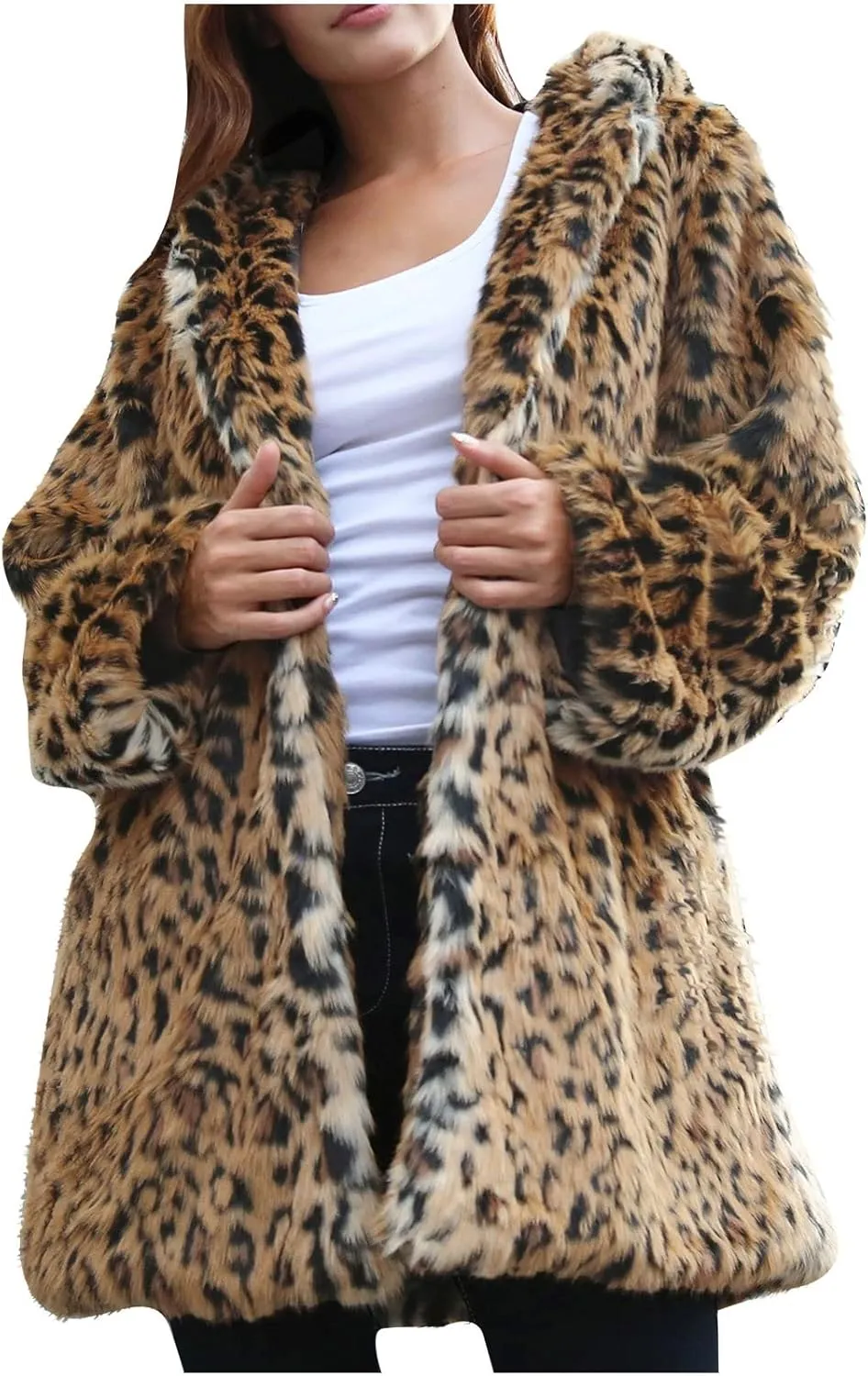Womens Winter Coats Leopard Print Fleece Cardigan Faux Fur Long Jacket Retro Lapel Warm Overcoat Plus Size Trench Coat