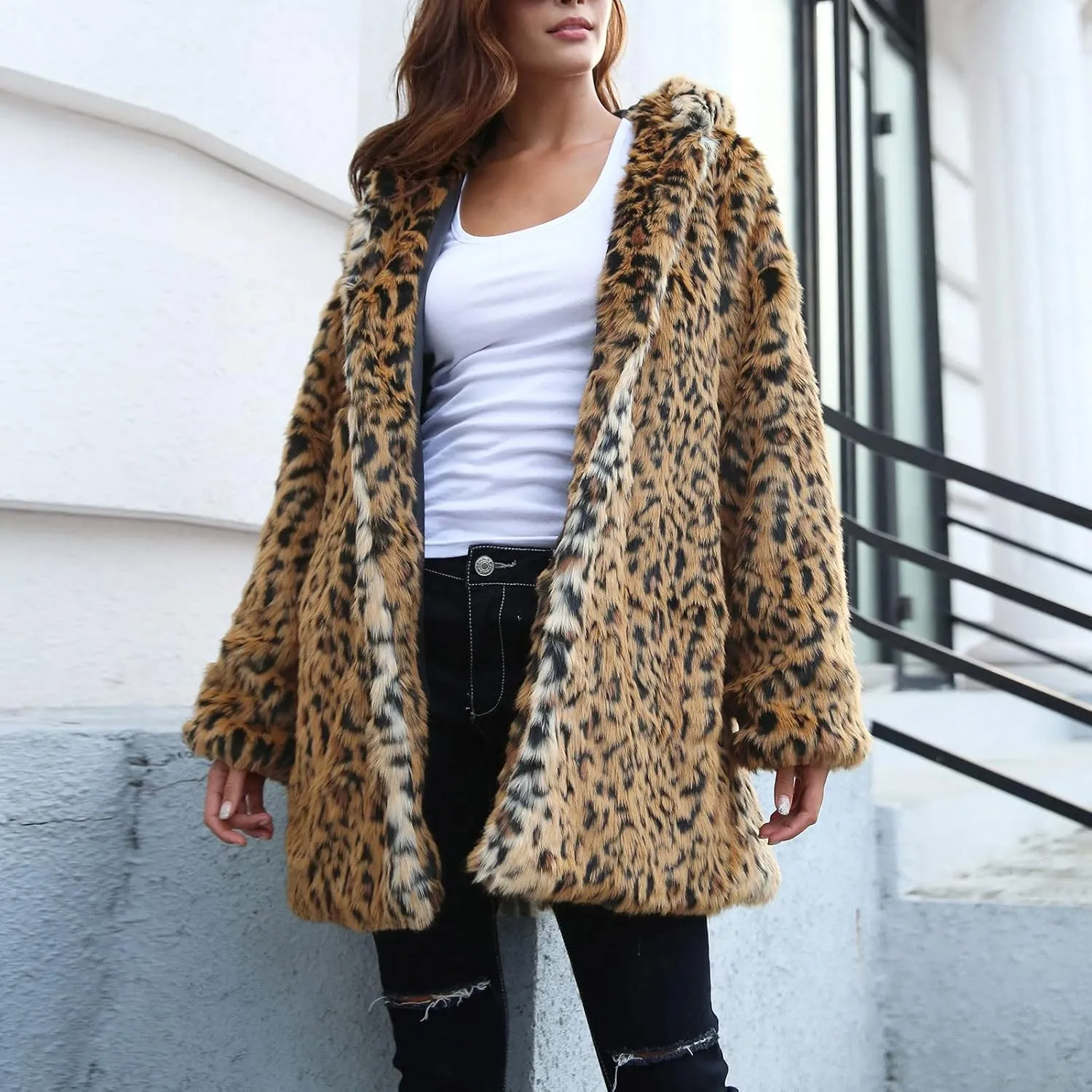 Womens Winter Coats Leopard Print Fleece Cardigan Faux Fur Long Jacket Retro Lapel Warm Overcoat Plus Size Trench Coat