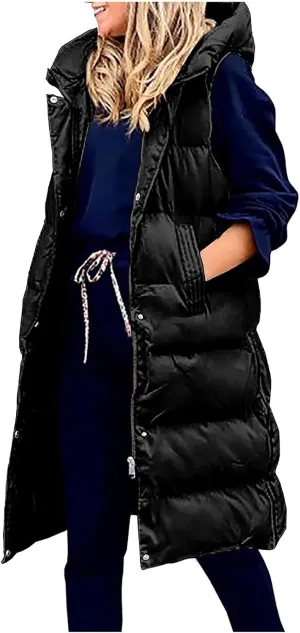 Women's Winter Hooded Puffer Vest Side Zip Casual Sleeveless Long Coats Jacket Warm Quilted Cotton Padded Gilet Outwear