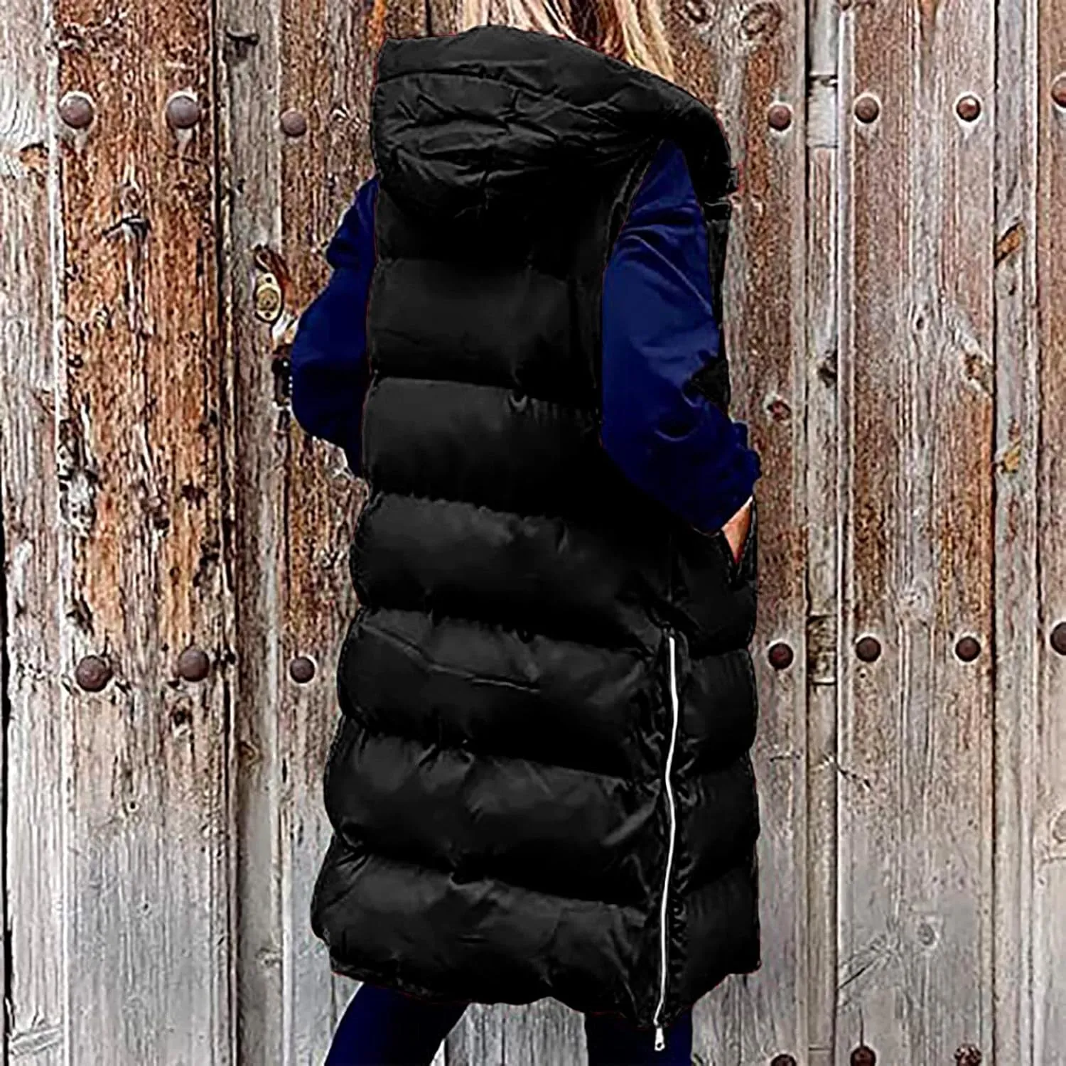 Women's Winter Hooded Puffer Vest Side Zip Casual Sleeveless Long Coats Jacket Warm Quilted Cotton Padded Gilet Outwear