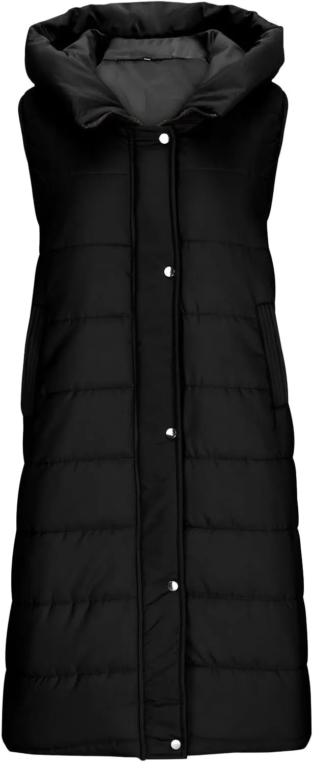Women's Winter Hooded Puffer Vest Side Zip Casual Sleeveless Long Coats Jacket Warm Quilted Cotton Padded Gilet Outwear