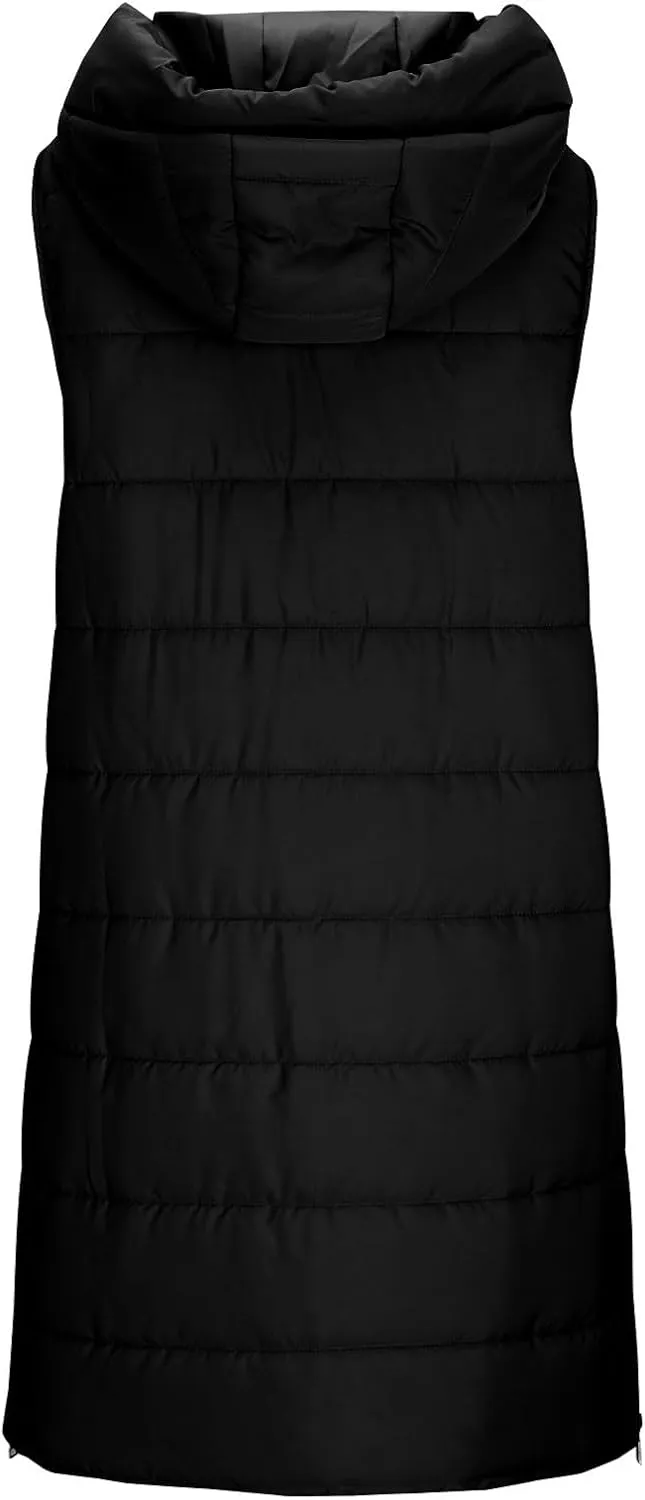 Women's Winter Hooded Puffer Vest Side Zip Casual Sleeveless Long Coats Jacket Warm Quilted Cotton Padded Gilet Outwear