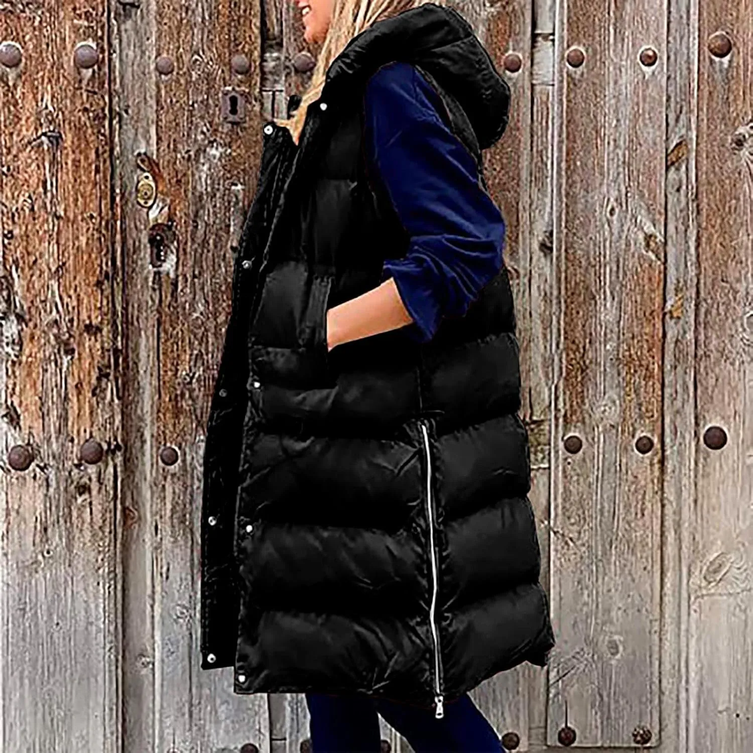 Women's Winter Hooded Puffer Vest Side Zip Casual Sleeveless Long Coats Jacket Warm Quilted Cotton Padded Gilet Outwear