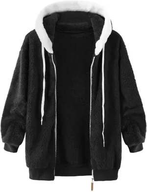 Women'S Winter Hoodies Loose Solid Color Artificial Wool Zipper Drawstring Long-Sleeved Warm Heavyweight Sweatshirt