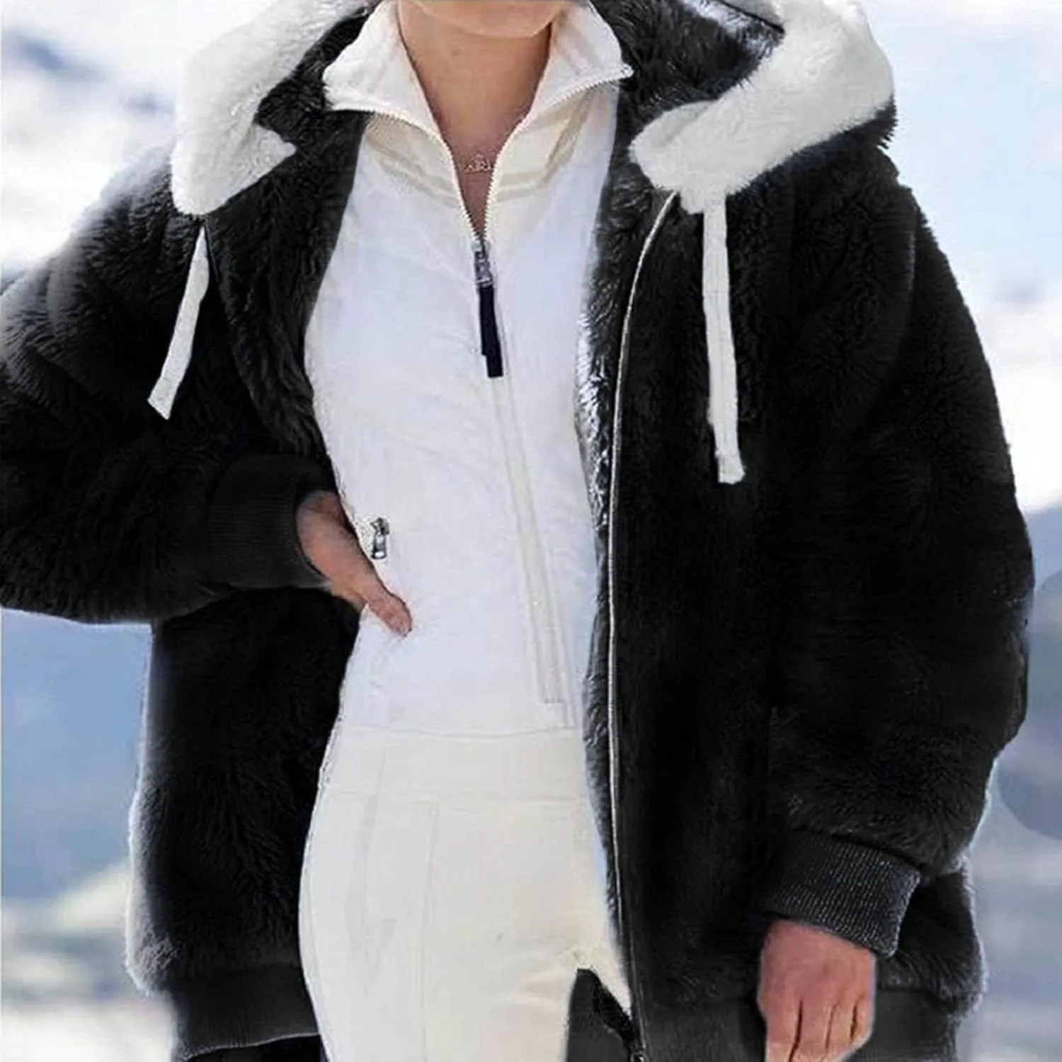 Women'S Winter Hoodies Loose Solid Color Artificial Wool Zipper Drawstring Long-Sleeved Warm Heavyweight Sweatshirt