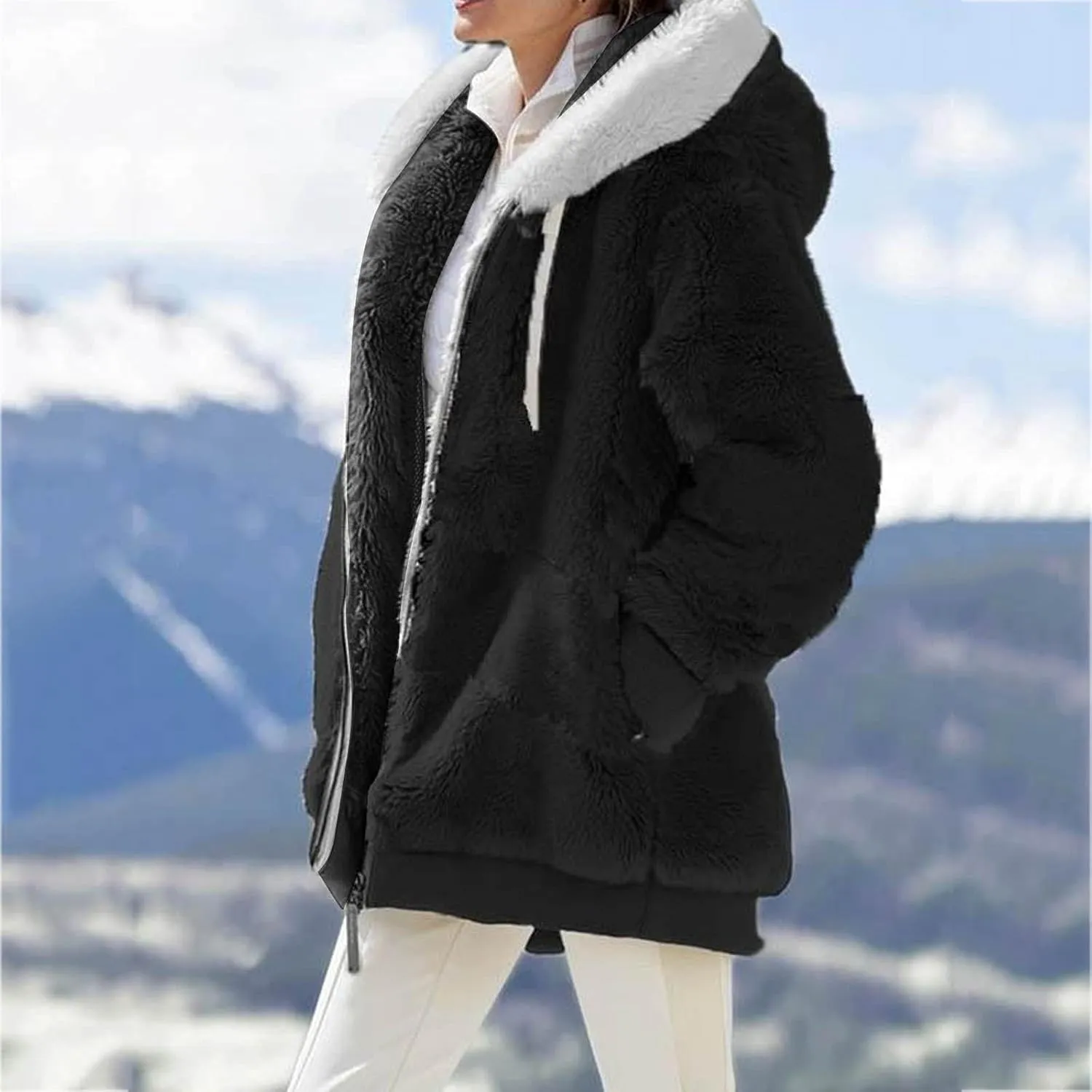 Women'S Winter Hoodies Loose Solid Color Artificial Wool Zipper Drawstring Long-Sleeved Warm Heavyweight Sweatshirt