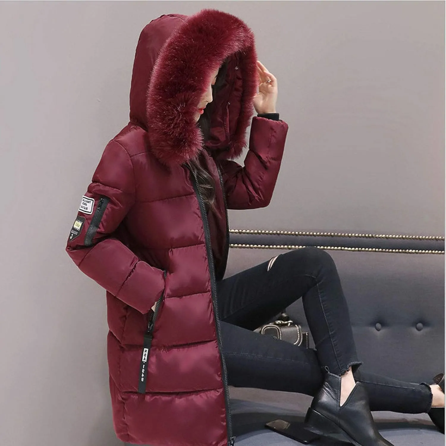 Womens Winter Thick Puffer Jacket Furry Collar Hoodie Outerwear Zipper Pocket Long Coats Warm Cotton Down Jackets
